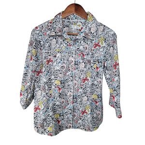 Christopher & Banks‎ Size Small White Black Butterfly Roll Tab Sleeve Shirt